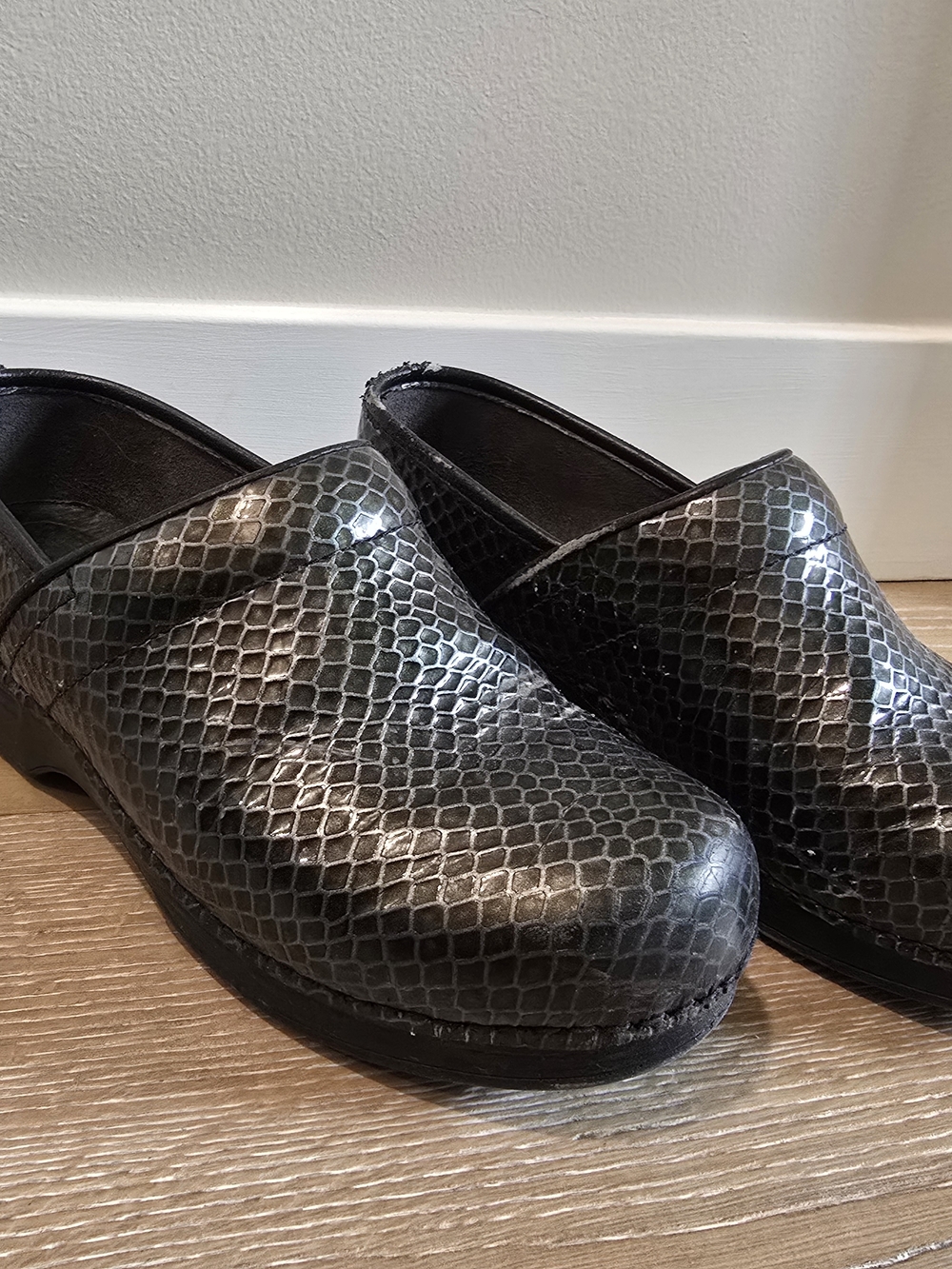 Dansko Black Snake-Print Clogs for Women Size 39